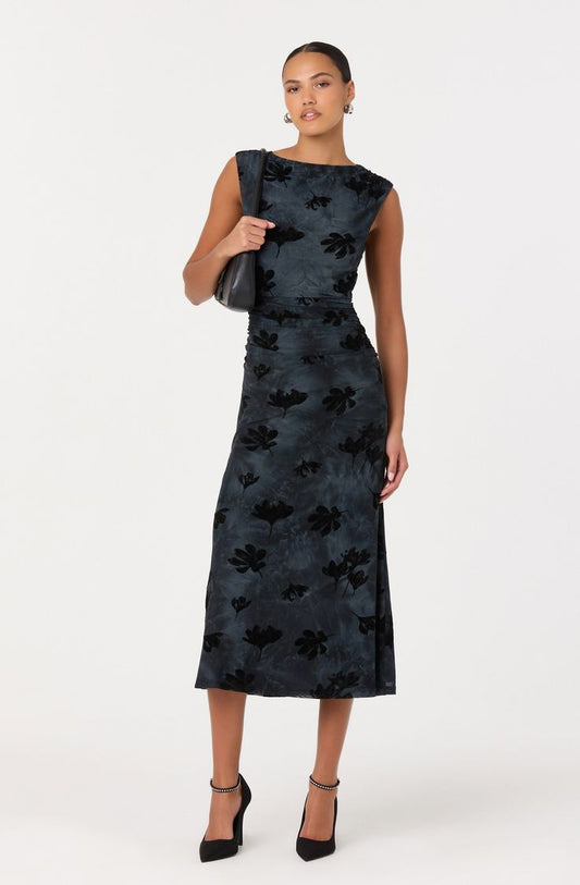 Tionne Floral Midi Dress Size XS Teal Black