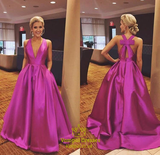 Fuchsia A Line V Neck Sleeveless Prom Dress With Pockets And Bow