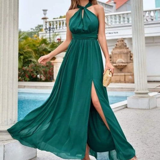 Moda Me Couture Dress Green Flowy Criss Cross Tie Split Thigh Dress