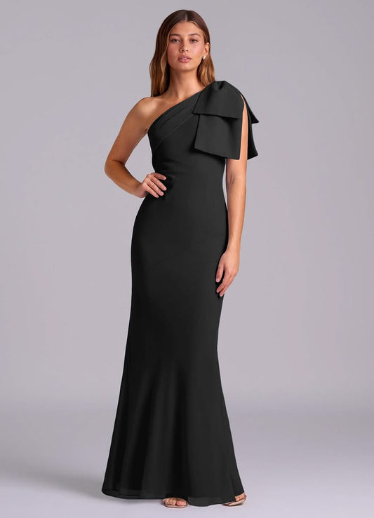 Bridesmaid Dress Chiffon Black Mermaid One Shoulder Floor Length Black