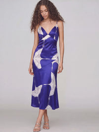 Sleeveless V Neck Satin Crane Print Midi Dress