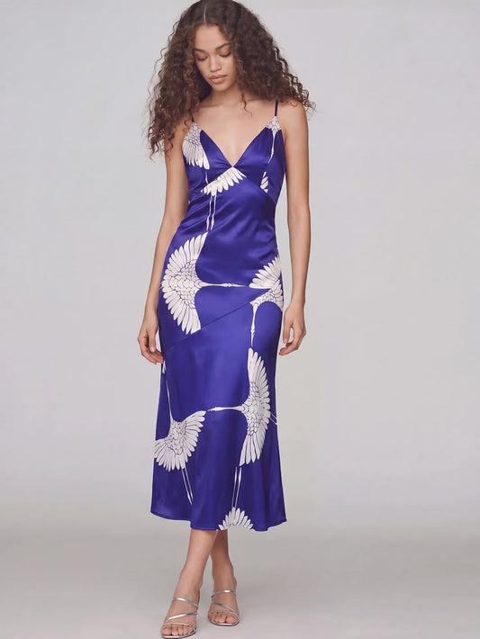 Sleeveless V Neck Satin Crane Print Midi Dress