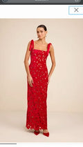 Ramsey Red Embroidered Tie-Strap Maxi Dress