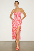 Chania Pink Multi Abstract Strapless Midi Dess Dress