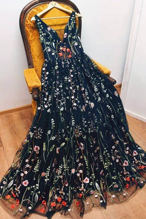 Blue Sleeveless V Neck Flower Prom Dress,applique Tulle Lace Evening