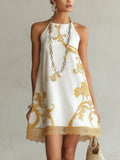 Beth – White and Gold Print Lace Mini Dress