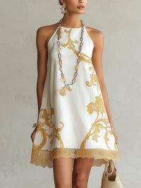 Beth – White and Gold Print Lace Mini Dress