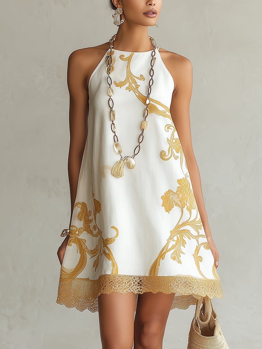 Beth – White and Gold Print Lace Mini Dress