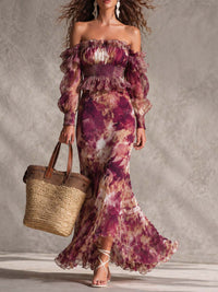 Carys - Rose Pink Floral Off-Shoulder Chiffon Maxi Dress
