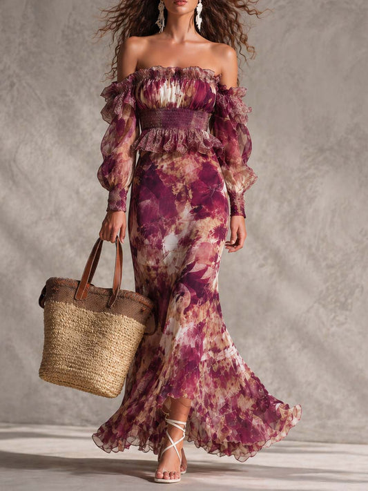 Carys - Rose Pink Floral Off-Shoulder Chiffon Maxi Dress