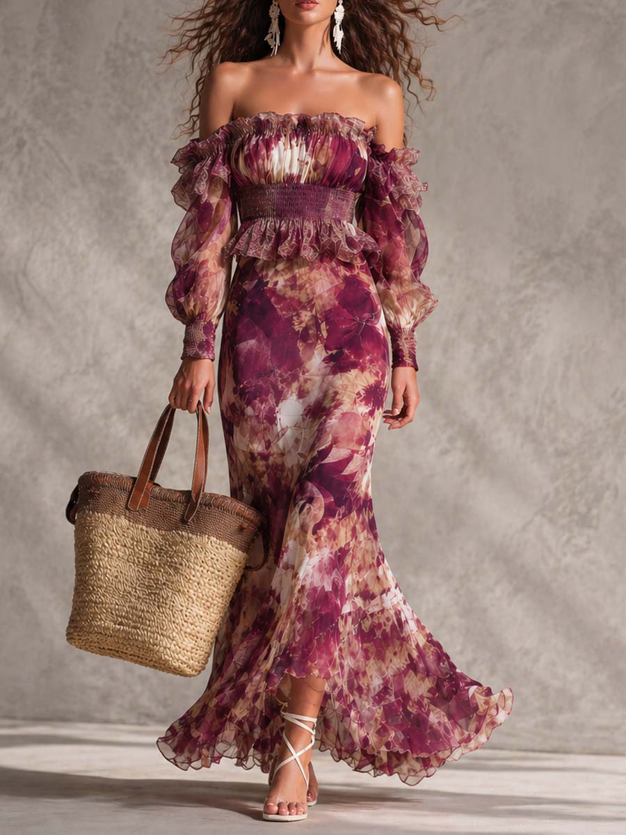 Carys - Rose Pink Floral Off-Shoulder Chiffon Maxi Dress