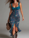 Ailsa - Blue Oil Painting Floral Print Midi Dress With Lace Trim