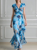 V Neck Ruched Waist Asymmetric Hem Floral Maxi Dress Blue L(12 14)
