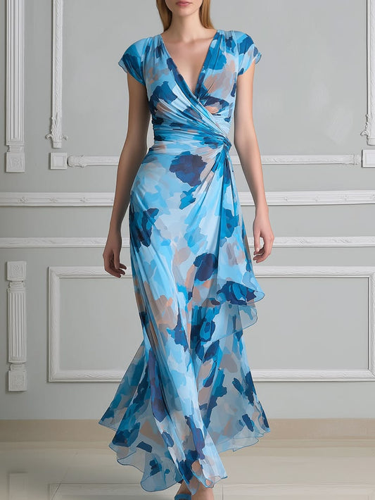 V Neck Ruched Waist Asymmetric Hem Floral Maxi Dress Blue L(12 14)