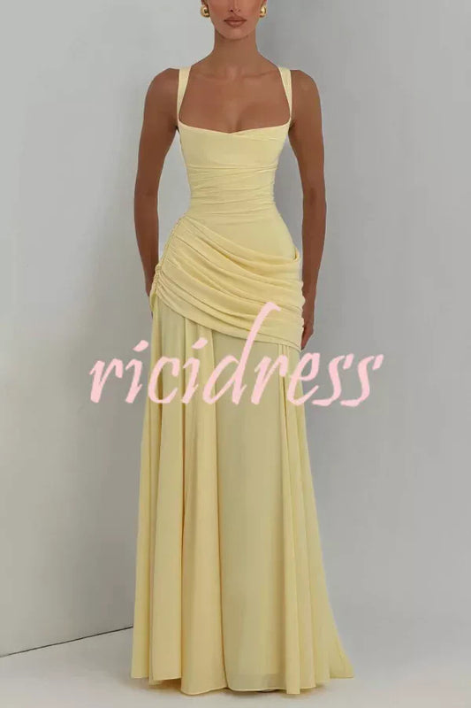 Stylish Spaghetti Strap Square Neck Slim Fit Elegant Pleated Maxi