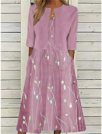 Mia | Floral Midi Dress 3/4 Sleeve Cotton Blend Casual Pink