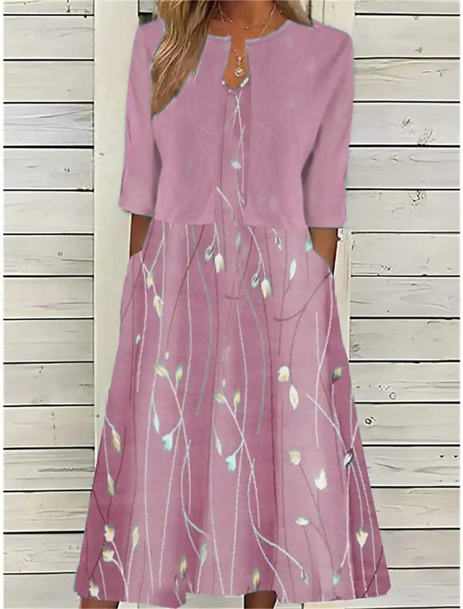 Mia | Floral Midi Dress 3/4 Sleeve Cotton Blend Casual Pink
