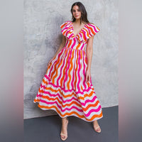 Flying Tomato Dress Bright Wave Ruffle Maxi Dress Pink & Orange Color: