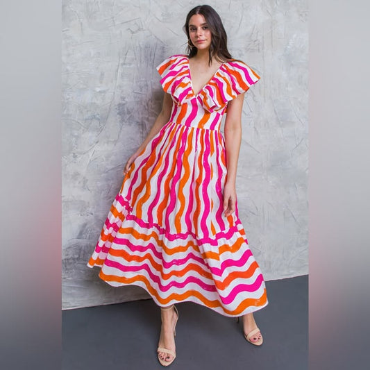 Flying Tomato Dress Bright Wave Ruffle Maxi Dress Pink & Orange Color: