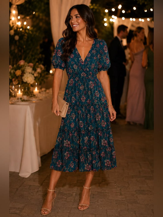 Mimi Chica Dress Mimi Chica Teal Floral Tiered Midi Dress Large Color: