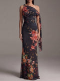Marnie - Black One-Shoulder Printed Pleated Chiffon Maxi Dress