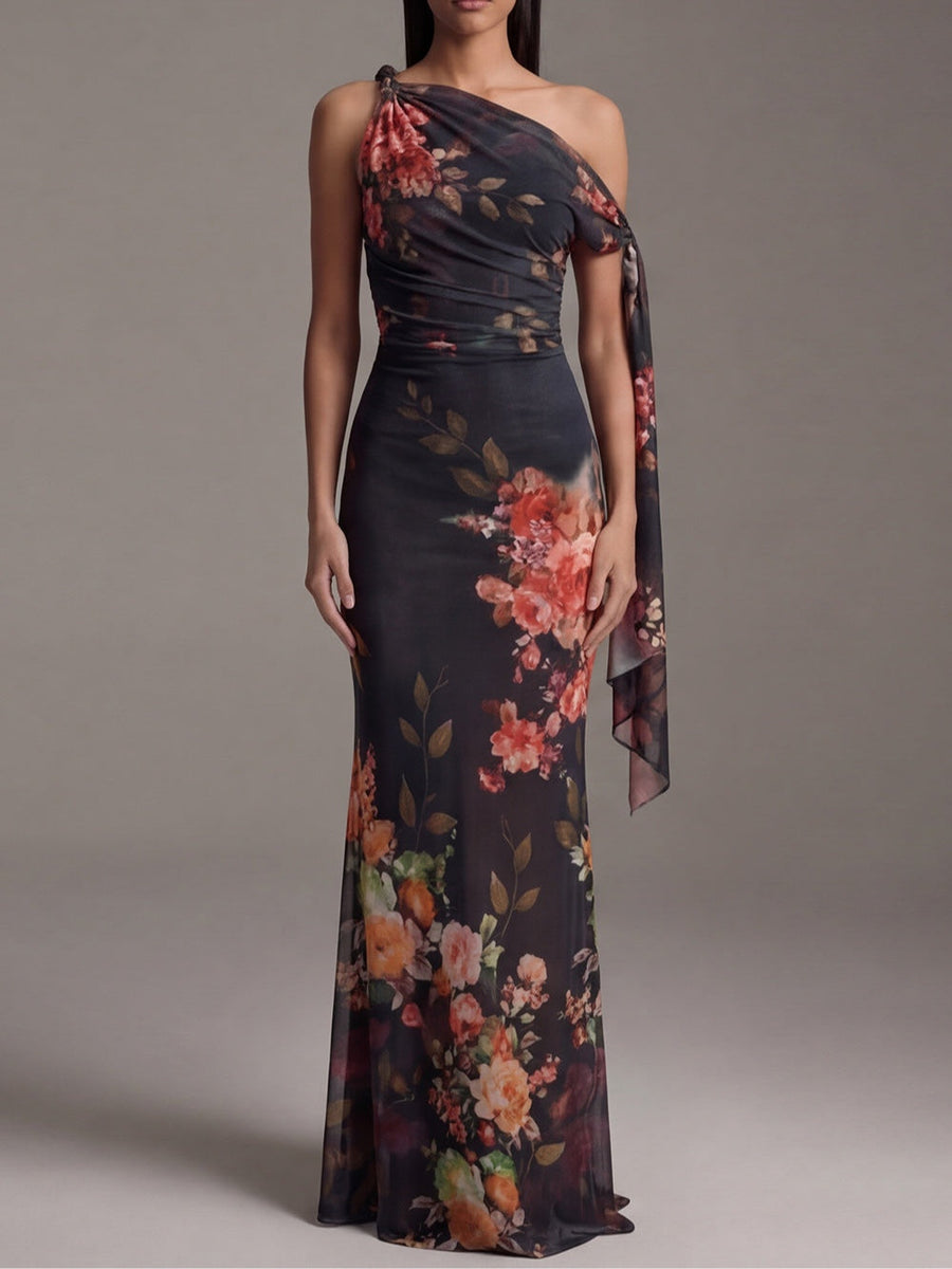 Marnie - Black One-Shoulder Printed Pleated Chiffon Maxi Dress
