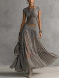 Casey - Grey Sheer Lace-Paneled Top and Pleated Maxi Skirt Set