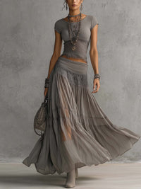 Casey - Grey Sheer Lace-Paneled Top and Pleated Maxi Skirt Set