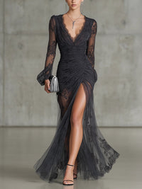 Lena - Dark Grey Lace Ruched Sheer Long Sleeve Slit Maxi Dress
