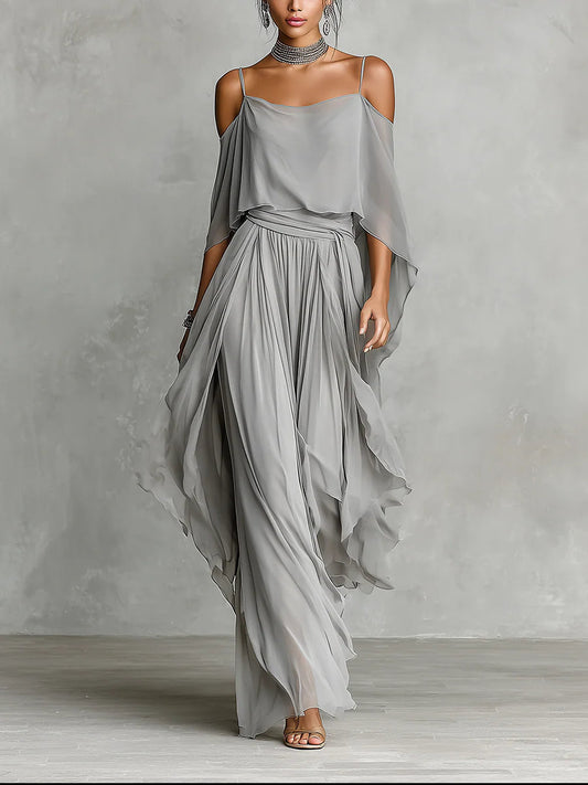 Jasmine - Grey Off-shoulder Flowy Camisole and Trousers Chiffon Set