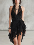 Hallie - Black Halter Neck Lace Ruffled Mini Dress
