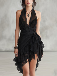 Hallie - Black Halter Neck Lace Ruffled Mini Dress