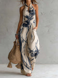 Jennifer - Halter Neck Ink Wash Print Wide Leg Jumpsuit With Pockets