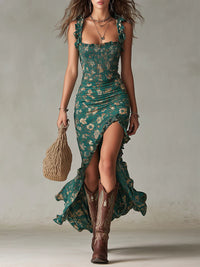 Agnes - Bohemian Green Printed Maxi Dress with Ruffled Sleeves