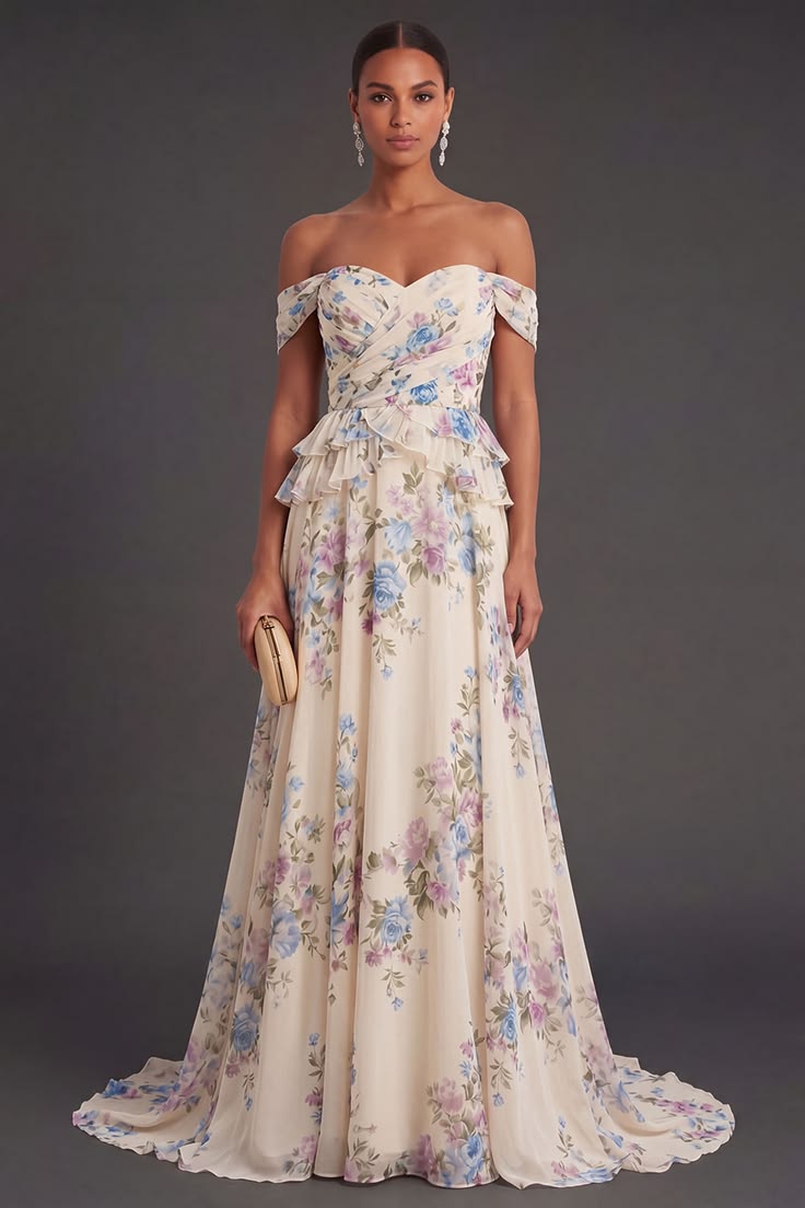 Off The Shoulder Apricot Ruffled Floral Long Wedding Guest Dress