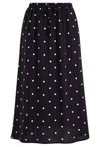 Polka Dot Drawstring Waist Midi Skirt In Black For Picnic Lunches &