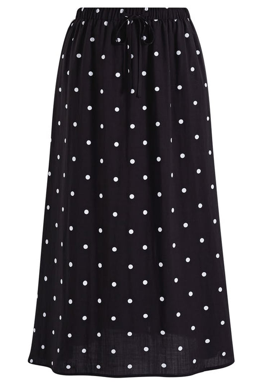 Polka Dot Drawstring Waist Midi Skirt In Black For Picnic Lunches &