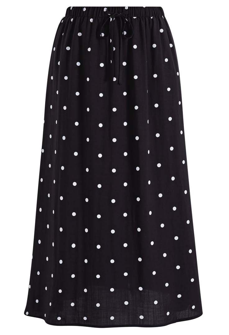Polka Dot Drawstring Waist Midi Skirt In Black For Picnic Lunches &