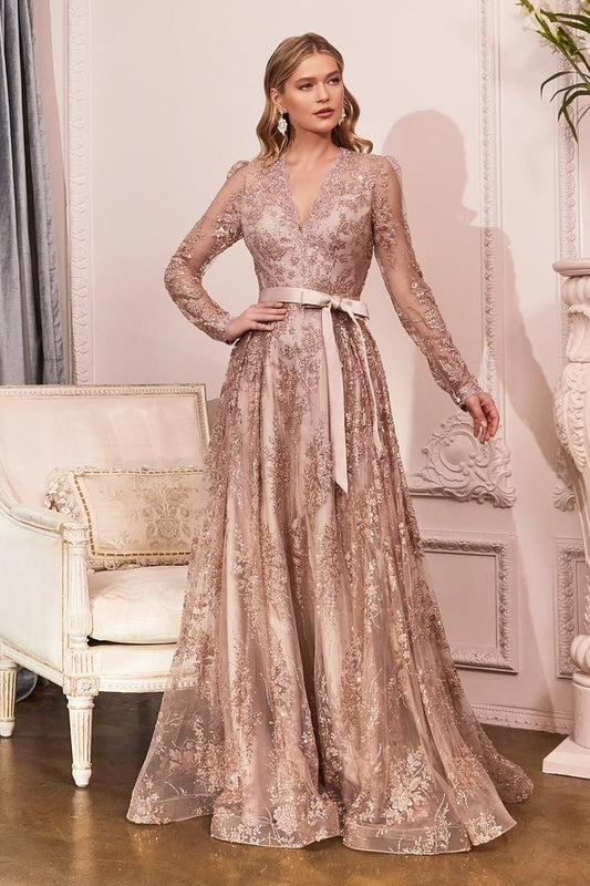 Long Sleeve Lace Floral Formal Dress By LaDivine Silver