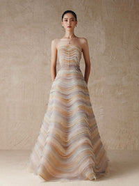 Phan Huy Dress Strapless A Line Pastel Wave Effect Evening Gown Color: