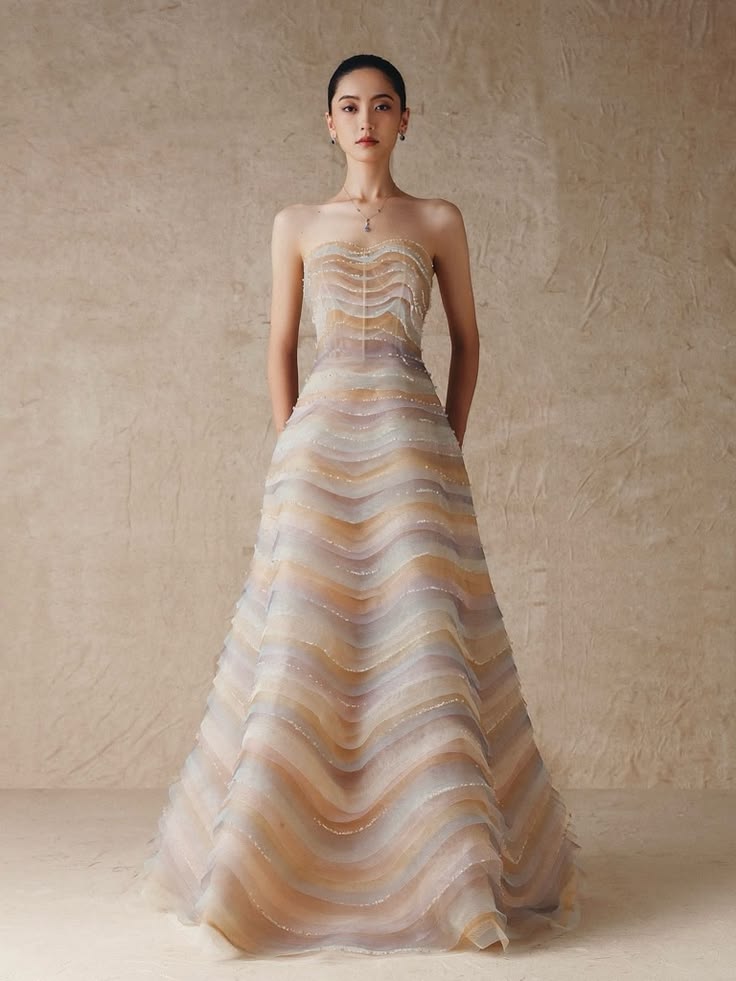 Phan Huy Dress Strapless A Line Pastel Wave Effect Evening Gown Color: