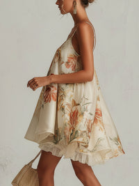 Evangeline – Beige Floral Organza A-Line Mini Dress with Lace Trim