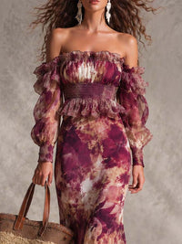 Carys - Rose Pink Floral Off-Shoulder Chiffon Maxi Dress