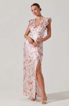 Satin Flutter Sleeve Maxi Dress(Pink Floral Xs)