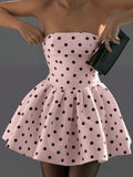 White Polka Dot Print Bow Back Ruched Waist A Line Short Dress