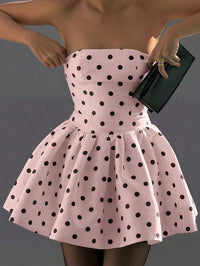 White Polka Dot Print Bow Back Ruched Waist A Line Short Dress