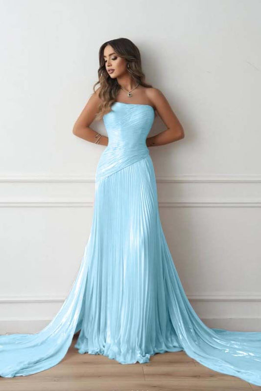 Simple Chiffon Strapless Sleeveless Long Prom Dress With Pleated And