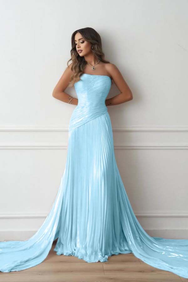 Simple Chiffon Strapless Sleeveless Long Prom Dress With Pleated And