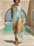 Women's Blue Baroque Print Maxi Shirt Dress Elegant Button Down