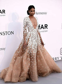 Gorgeous Nude Tulle Applique Long Sleeve Formal Prom Dress